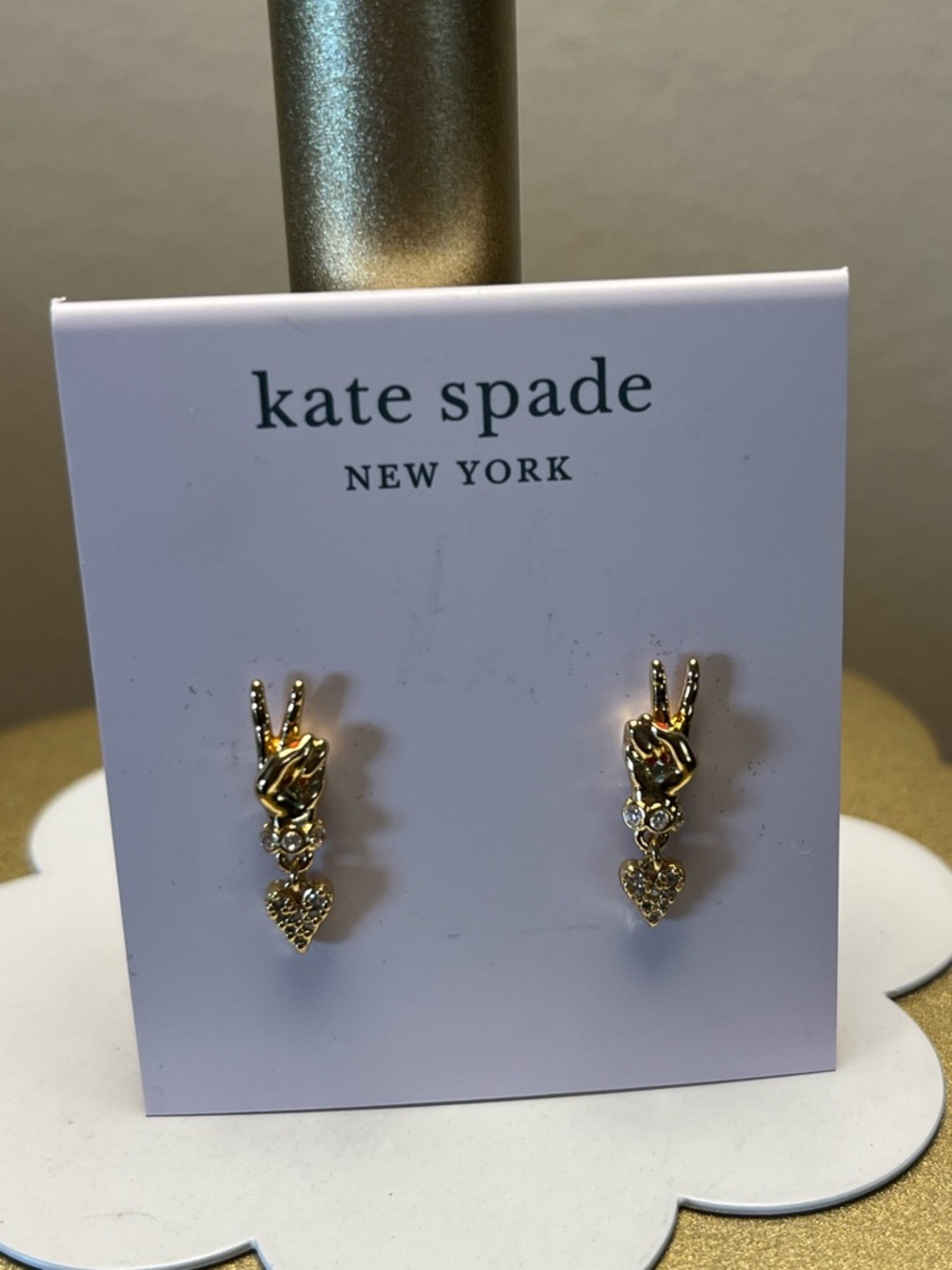 kate spade Gold-tone Peace Hand Drop Earrings with Crystal Hearts - Picture 2 of 4